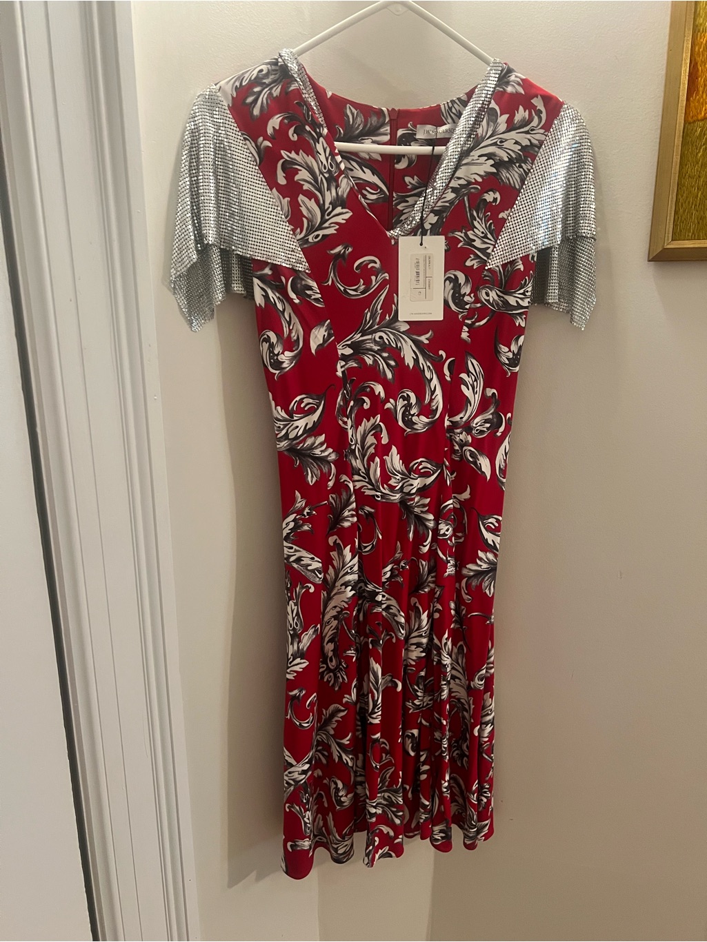 J.W. Anderson Red Printed Midi Dress With Silver Short Sleeves